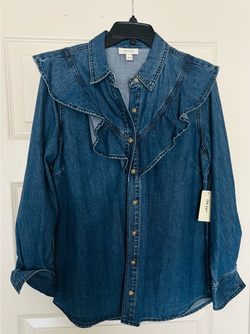 On 34th Denim Ruffle-Trim Button Down Shirt - Dark Blue